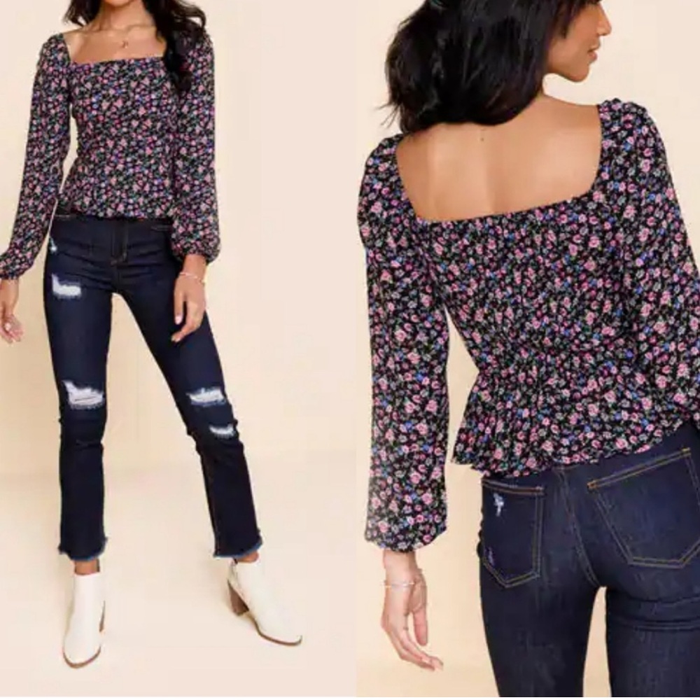 Mi Ami Floral Off Shoulder Smocked Top XL Square Neck Long Sleeve